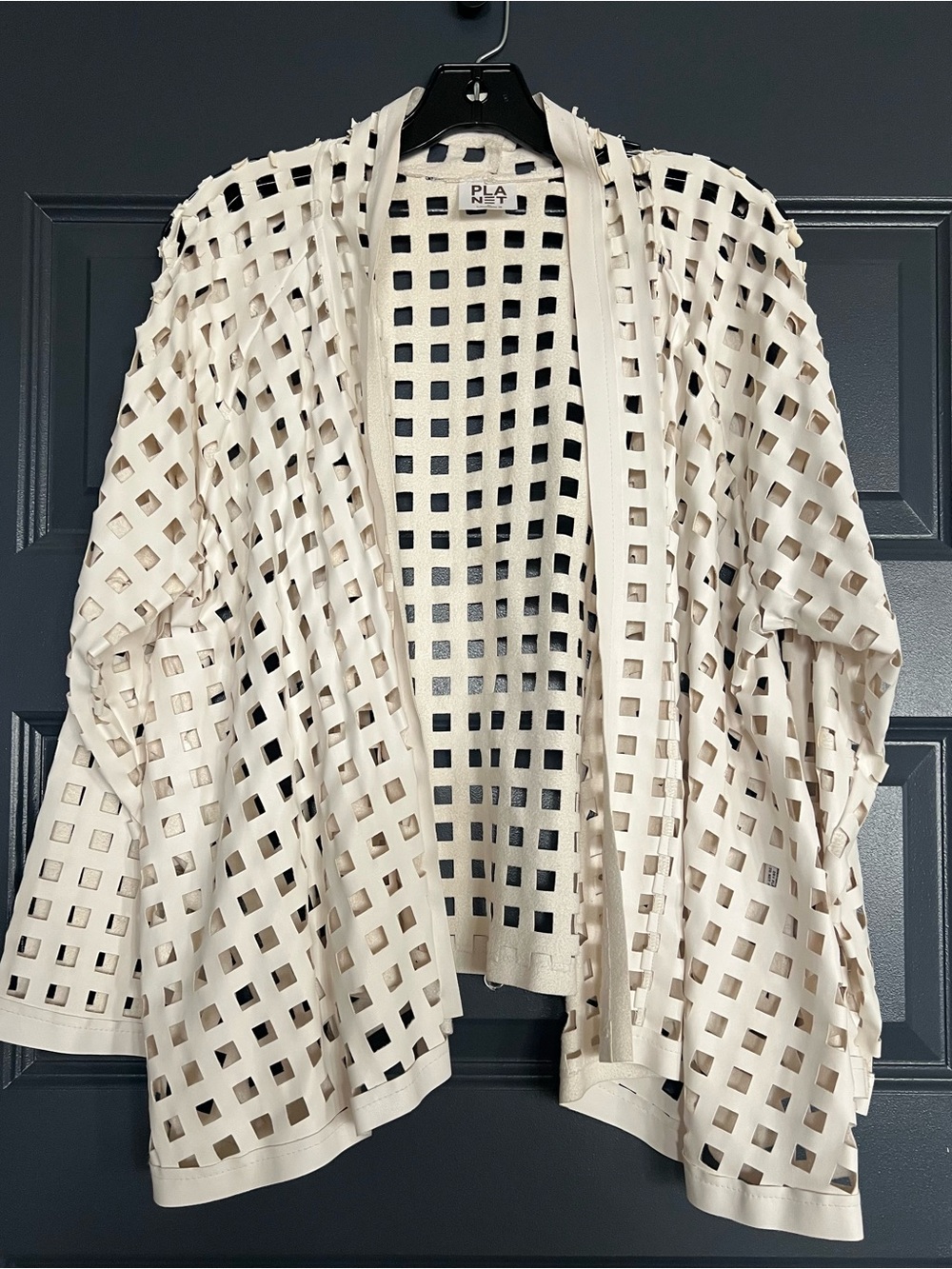 PLANET by Lauren G Laser Cut Open Front Jacket Ivory Vegan Leather One Size